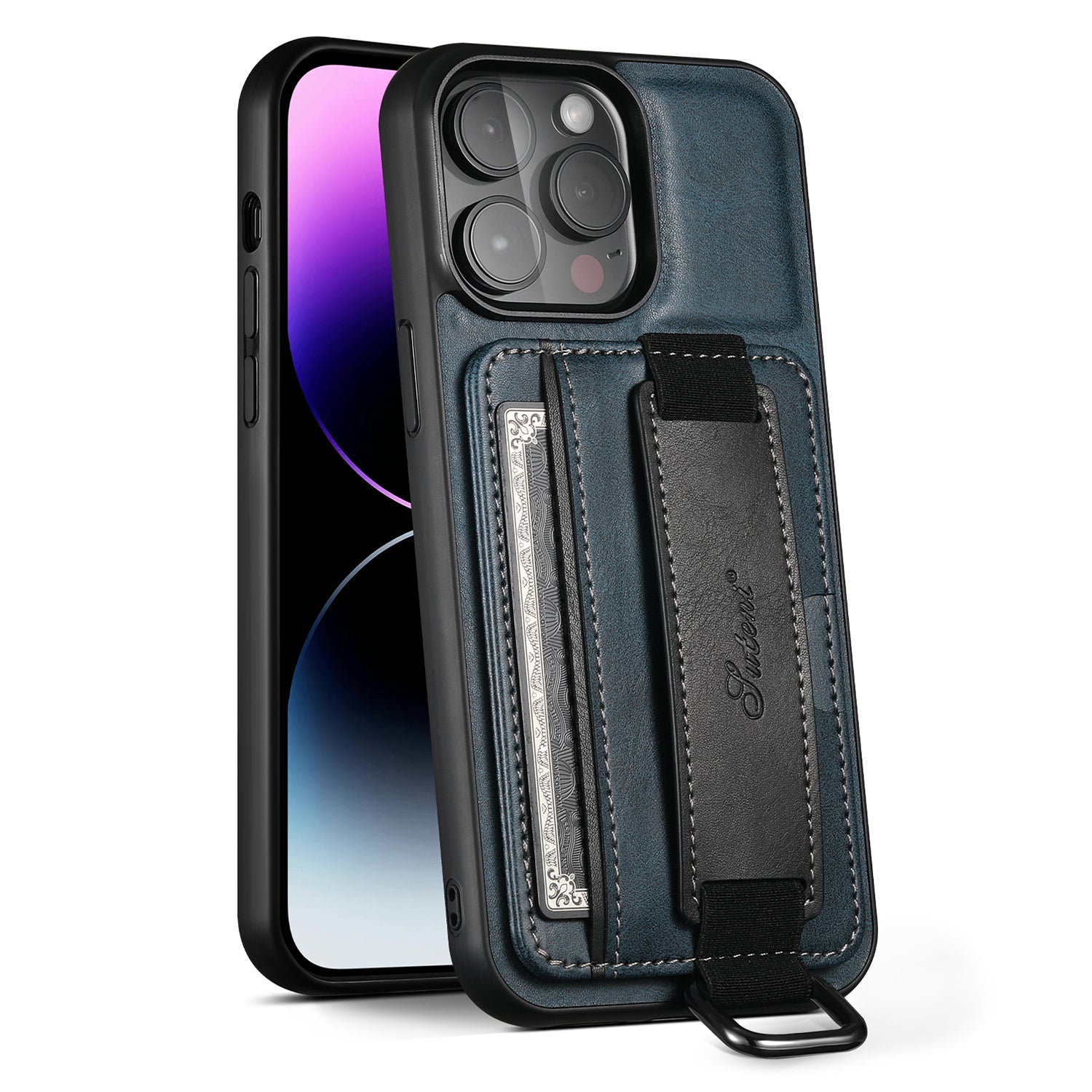 SUTENI H13 Kickstand Cell Phone Cover for iPhone 14 Pro Leather Coated PC TPU Card Slots Phone Case with Hand Strap SUTENI H13 Kickstand Cell Phone Cover for iPhone 14 Pro Leather Coated PC TPU Card Slots Phone Case with Hand Strap